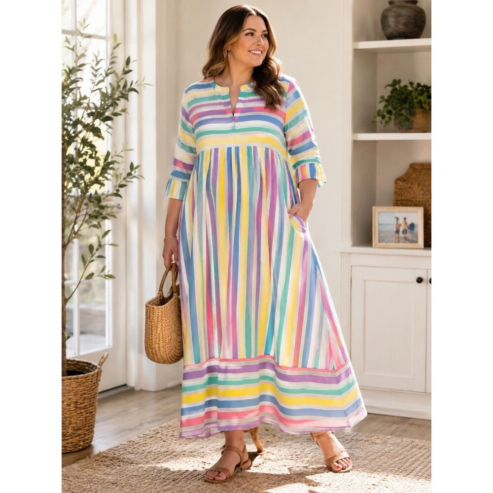 Styled by Saybury Women’s Rainbow Stripe Maxi Dress Pockets Boho Size XL Vintage